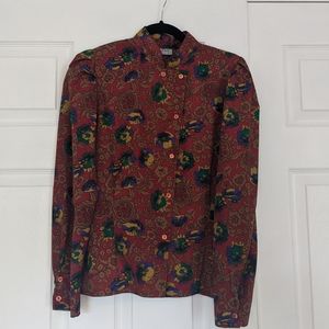 Vintage Silk Floral Blouse with Puff Sleeves